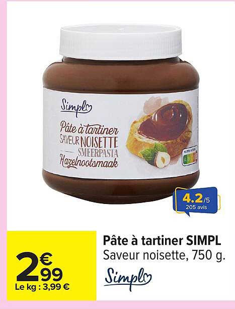 Pâte à tartiner SIMPL Saveur noisette, 750 g