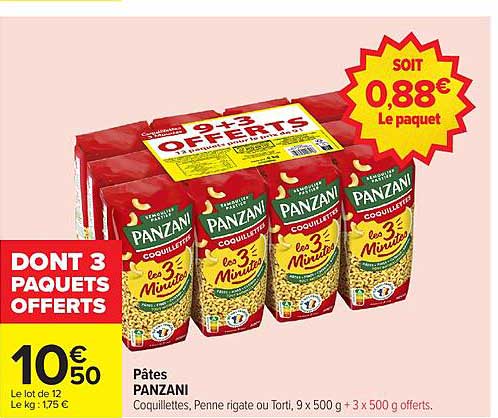 Pâtes PANZANI 9 + 3 paquets offerts