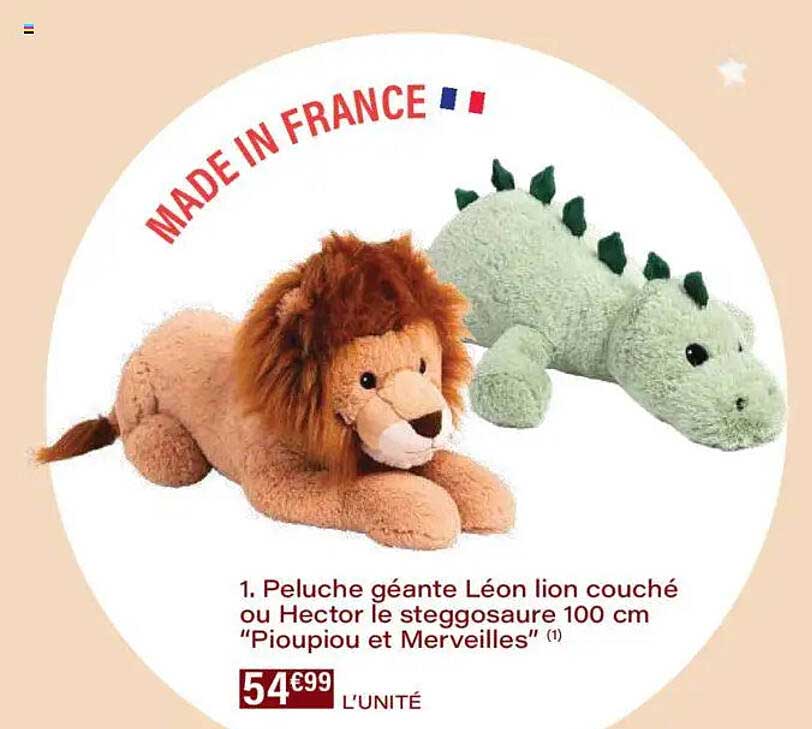 Peluche géante Léon lion couché ou Hector le steggosaure 100 cm "Pioupiou et Merveilles"