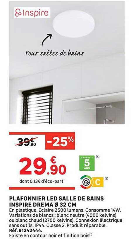 PLAFONNIER LED SALLE DE BAINS INSPIRE DREMA Ø 32 CM