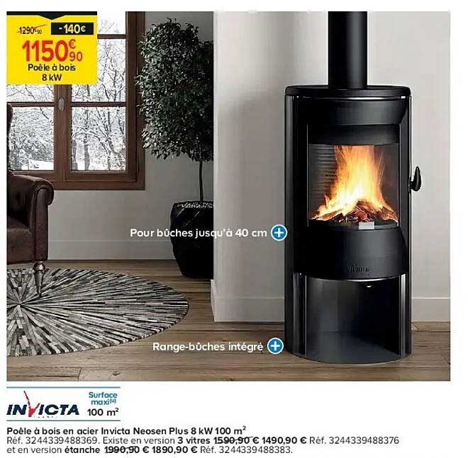 Poêle à bois en acier Invicta Neosen Plus 8 kW 100 m²