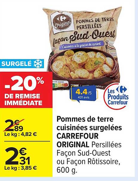 Pommes de terre cuites surgélées CARREFOUR ORIGINAL Persillées Façon Sud-Ouest ou Façon Rôtissoire, 600 g