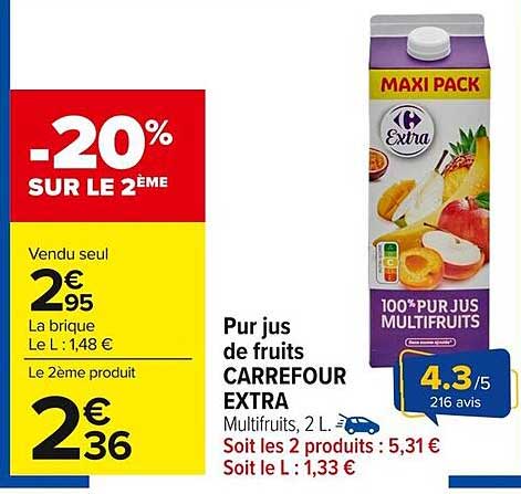 Pur jus de fruits CARREFOUR EXTRA