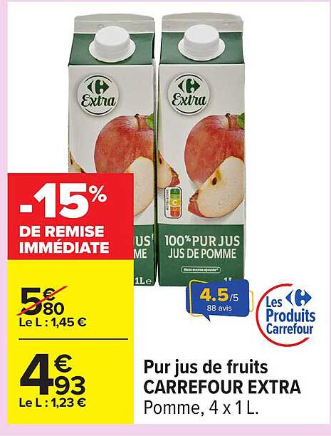 Pur jus de fruits CARREFOUR EXTRA Pomme, 4 x 1 L