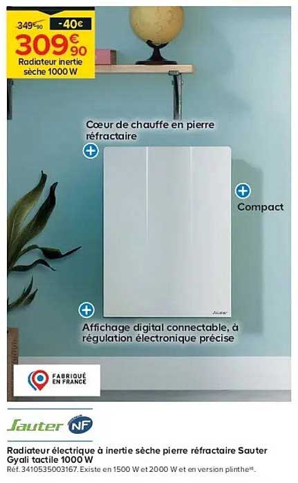 Radiateur électrique à inertie sèche pierre réfractaire Sauter Gyali tactile 1000 W