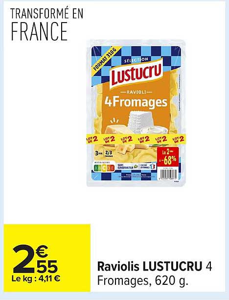 Raviolis LUSTUCRU 4 Fromages, 620 g.