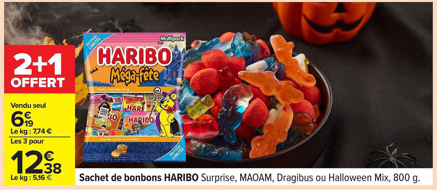 Sachet de bonbons HARIBO Surprise, MAOAM, Dragibus ou Halloween Mix, 800 g.