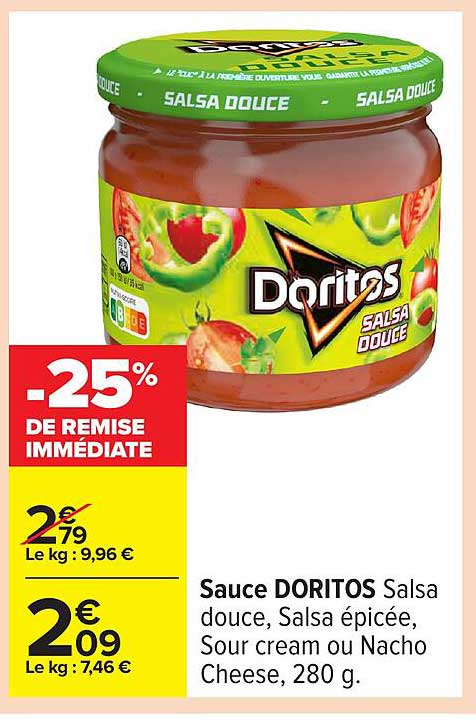 Sauce DORITOS Salsa douce, Salsa épicée, Sour cream ou Nacho Cheese, 280 g