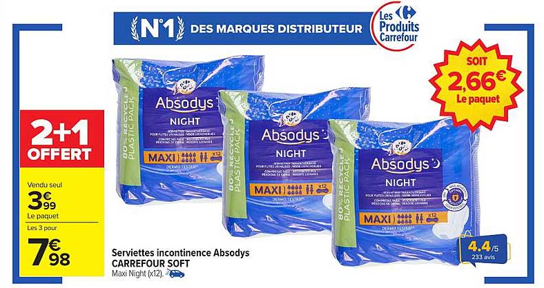 Serviettes incontinence Absodys CARREFOUR SOFT Maxi Night (x12)
