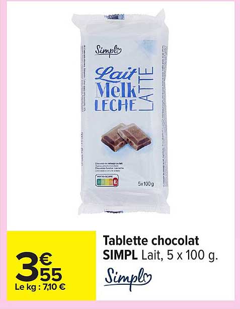 Tablette chocolat SIMPL Lait, 5 x 100 g.
