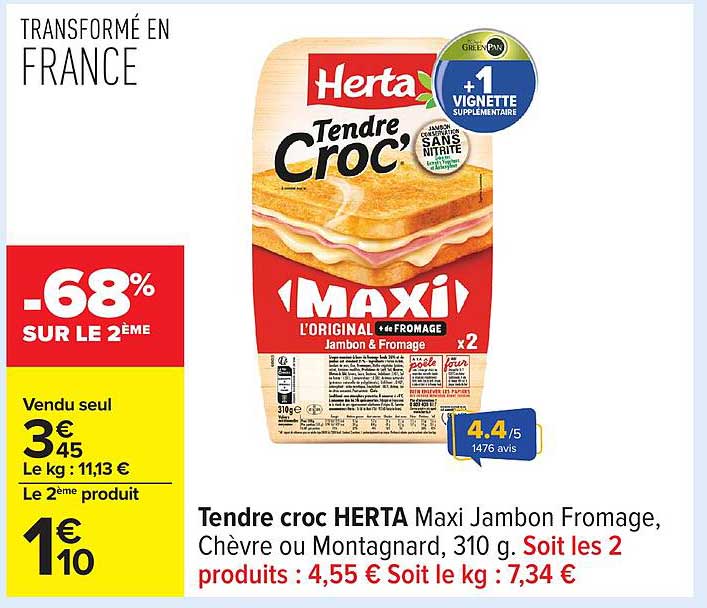 Tendre croc HERTA Maxi Jambon Fromage, Chèvre ou Montagnard, 310 g