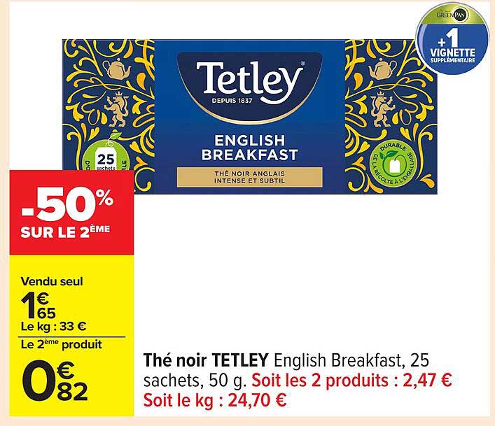 Thé noir TETLEY English Breakfast, 25 sachets, 50 g.