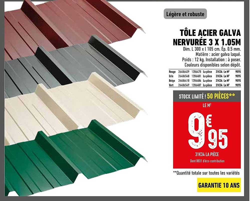 TÔLE ACIER GALVA NERVURÉE 3 X 1.05M