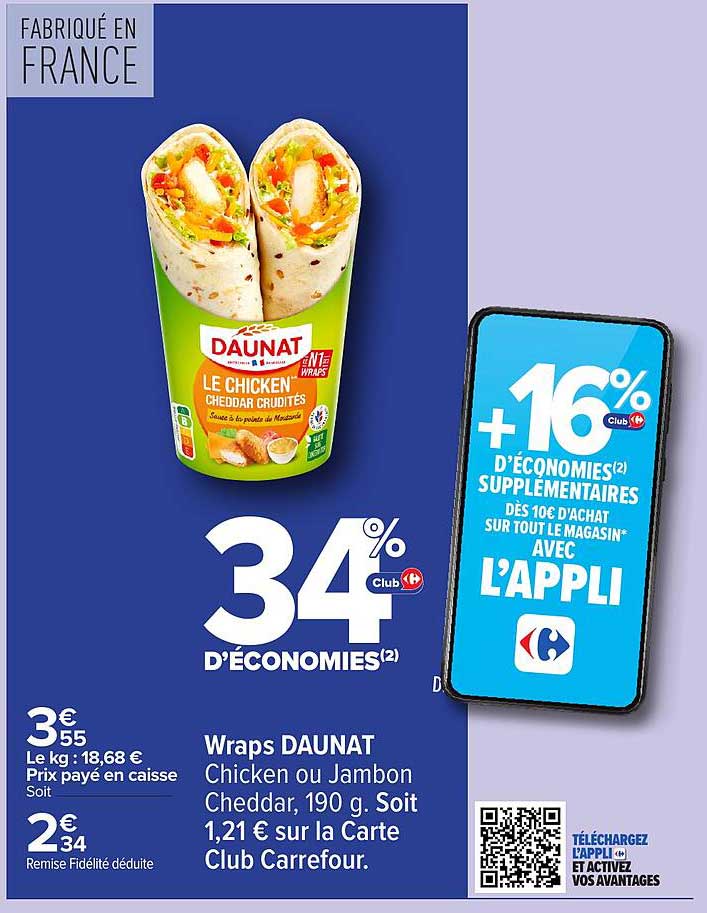 Wraps DAUNAT Chicken ou Jambon Cheddar, 190 g