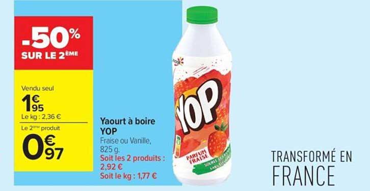 Yaourt à boire YOP Fraise ou Vanille, 825 g.