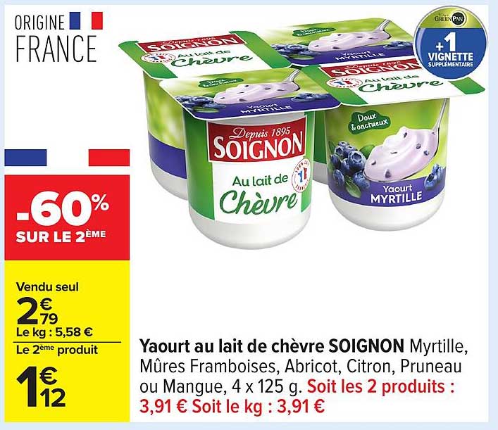 Yaourt au lait de chèvre SOIGNON Myrtille, Mûres Framboises, Abricot, Citron, Pruneau ou Mangue 4 x 125 g