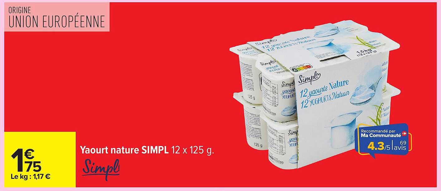 Yaourt nature SIMPL 12 x 125 g.