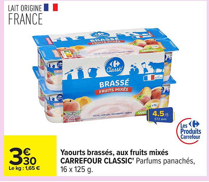 Yaourts brassés, aux fruits mixtes CARREFOUR CLASSIC' Parfums panachés, 16 x 125 g.