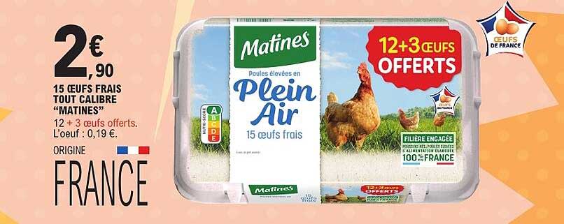15 OEUFS FRAIS TOUT CALIBRE «MATINES» 12 + 3 œufs offerts. L’œuf : 0,19 €.