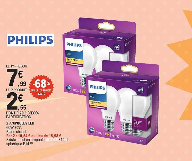 2 AMPOULES LED 60W E27 - Blanc chaud