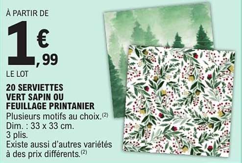 20 SERVIETTES VERT SAPIN OU FEUILLAGE PRINTANIER