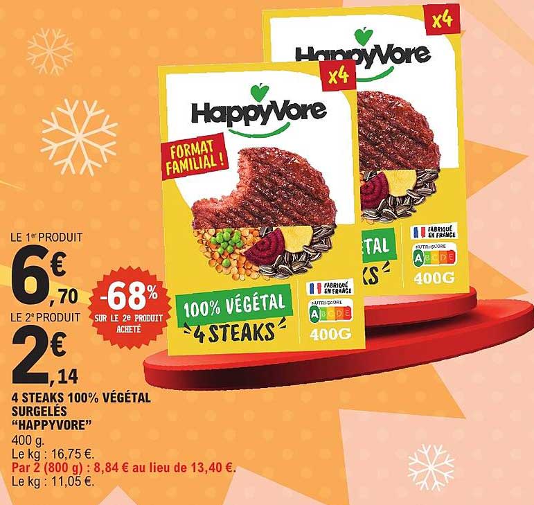 4 STEAKS 100% VÉGÉTAL SURGELÉS "HAPPYVORE" 400 g