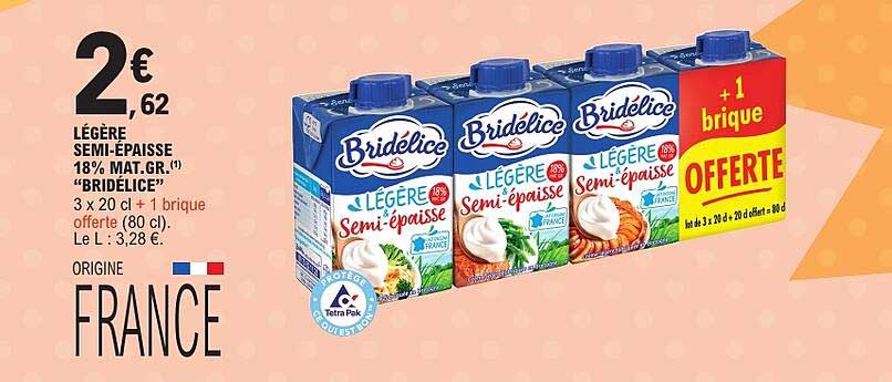 LÉGÈRE SEMI-ÉPAISSE 18% MAT.GR. «BRIDELICE» 3 x 20 cl + 1 brique offerte (80 cl)