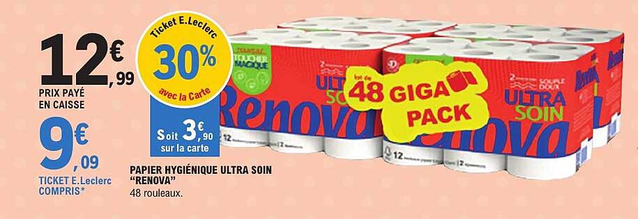 PAPIER HYGIÉNIQUE ULTRA SOIN “RENOVA” 48 rouleaux.