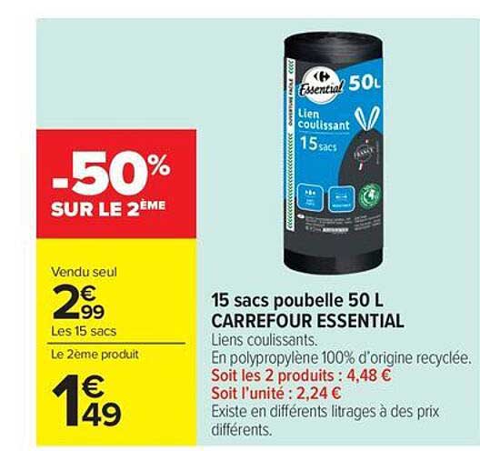 15 sacs poubelle 50 L CARREFOUR ESSENTIAL