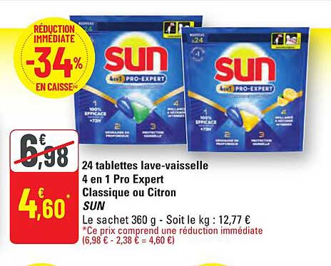 24 tablettes lave-vaisselle 4 en 1 Pro Expert Classique ou Citron SUN