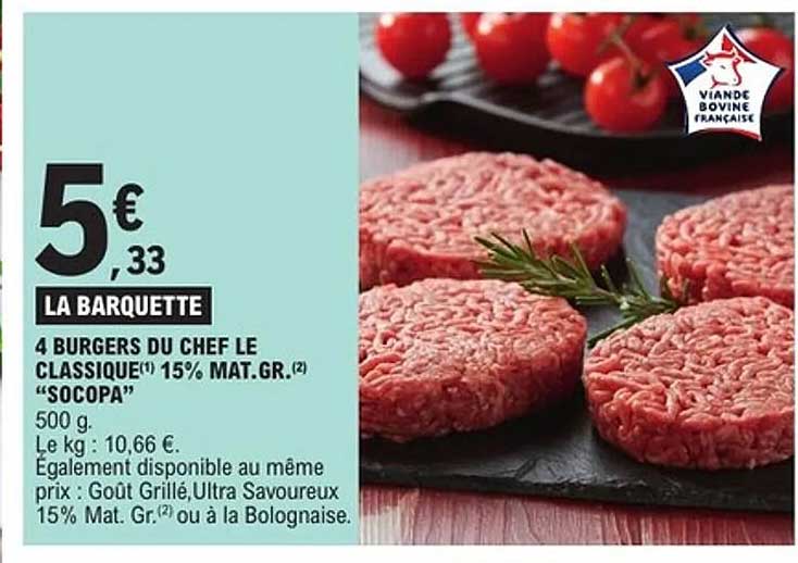 4 BURGERS DU CHEF LE CLASSIQUE 15% MAT.GR. 'SOCOPA'