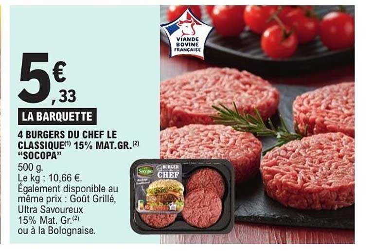 4 BURGERS DU CHEF LE CLASSIQUE 15% MAT.GR. "SOCOPA"
