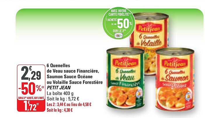 6 Quenelles de Veau sauce Financières, Saumon Sauce Océane ou Volaille Sauce Forestière PETIT JEAN