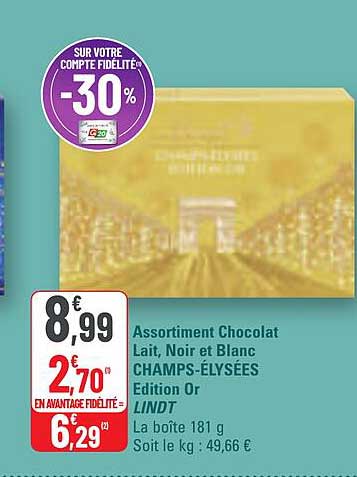 Assortiment Chocolat Lait, Noir et Blanc CHAMPS-ÉLYSÉES Edition Or LINDT