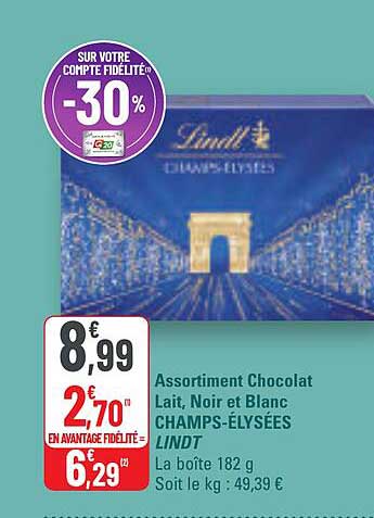 Assortiment Chocolat Lait, Noir et Blanc CHAMPS-ÉLYSÉES LINDT