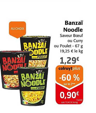 Banzai Noodle Saveur Boeuf ou Curry ou Poulet - 67 g
