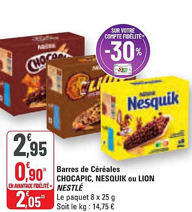 Barres de Céréales CHOCAPIC, NESQUIK ou LION NESTLÉ