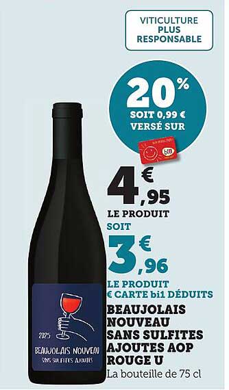 BEAUJOLAIS NOUVEAU SANS SULFITES AJOUTES AOP ROUGE U