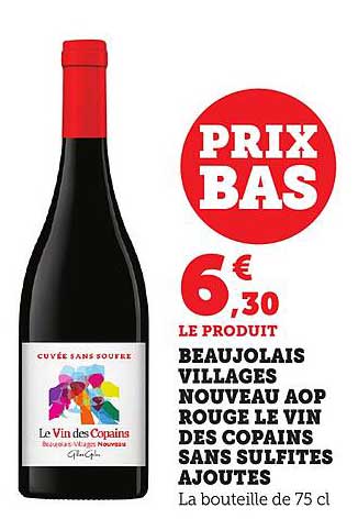 BEAUJOLAIS VILLAGES NOUVEAU AOP ROUGE LE VIN DES COPAINS SANS SULFITES AJOUTES