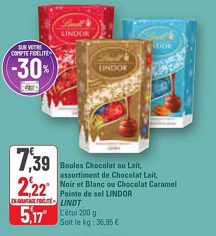 Boules Chocolat au Lait, assortiment de Chocolat Lait, Noir et Blanc ou Chocolat Caramel Pointe de sel LINDOR