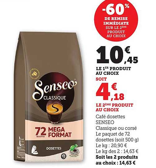 Café dosettes SENSEO Classique ou corsé - 72 dosettes Méga Format