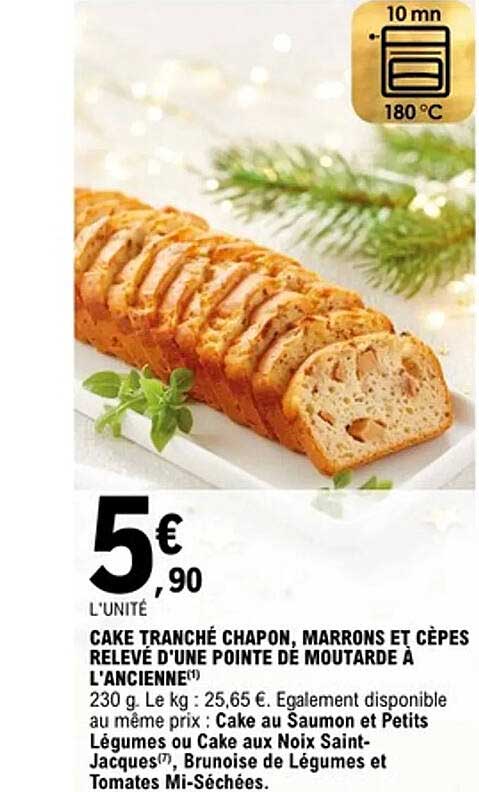 Cake tranché chapon, marrons et cèpes relevé d'une pointe de moutarde à l'ancienne