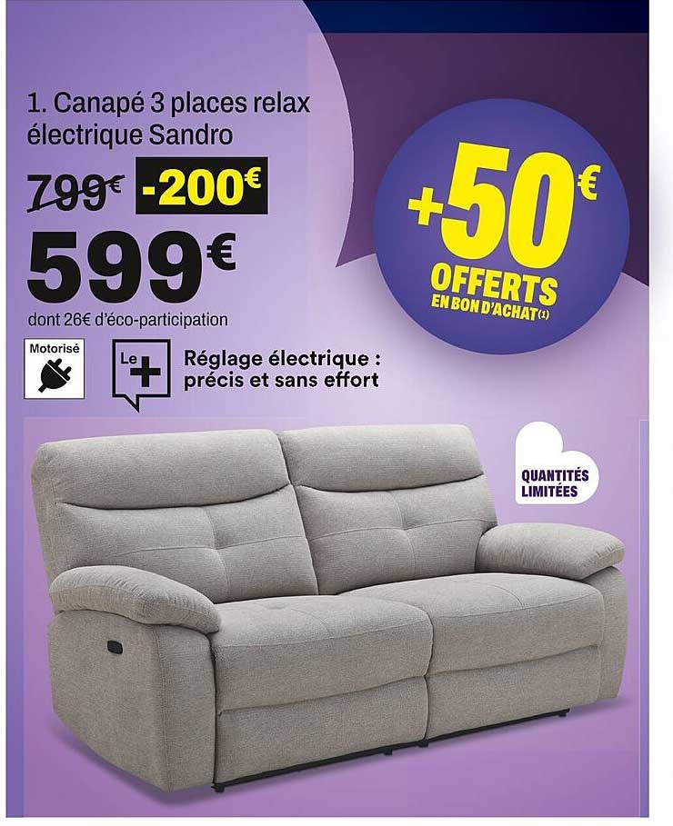 Canapé 3 places relax électrique Sandro