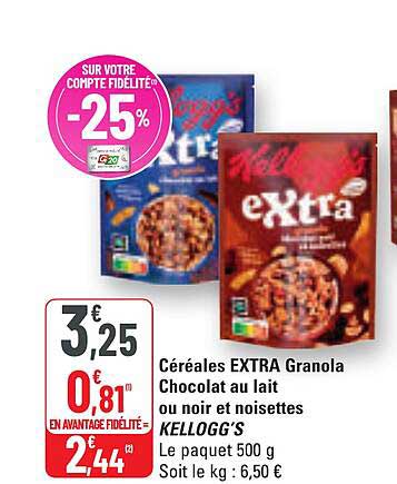 Céréales EXTRA Granola Chocolat au lait ou noir et noisettes - KELLOGG'S