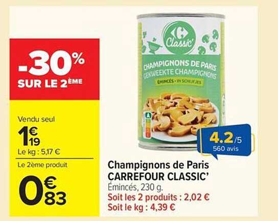 Champignons de Paris CARREFOUR CLASSIC’ Émincés, 230 g