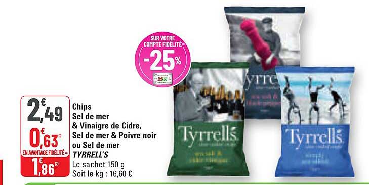 Chips Sel de mer & Vinaigre de Cidre, Sel de mer & Poivre noir ou Sel de mer TYRRELL’S