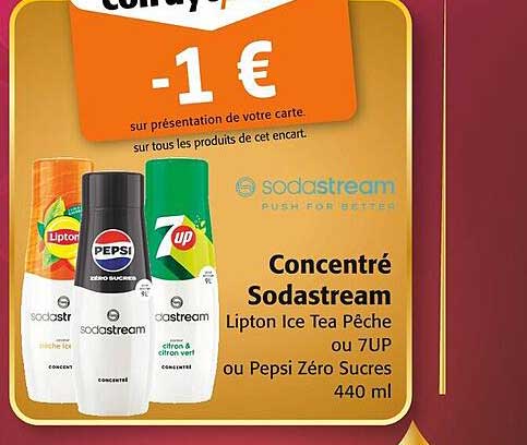 Concentré Sodastream Lipton Ice Tea Pêche ou 7UP ou Pepsi Zéro Sucre 440 ml
