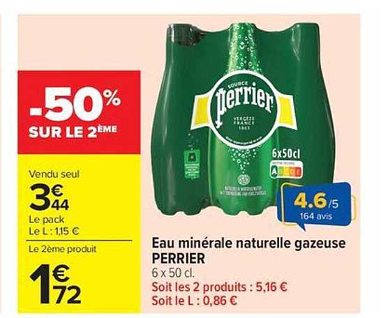 Eau minérale naturelle gazeuse PERRIER 6 x 50 cl