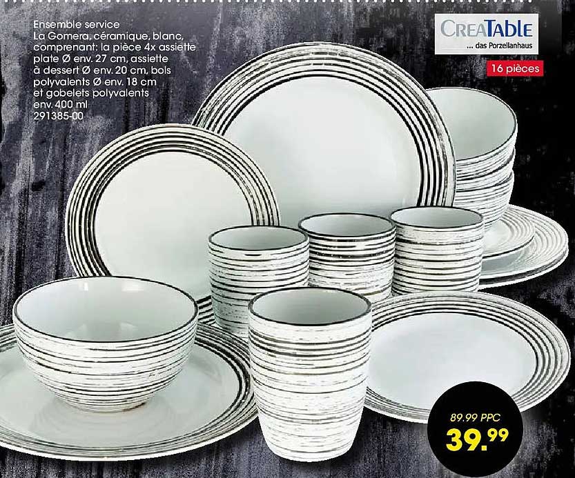 Ensemble service La Gomera, céramique, blanc, comprenant: la pièce 4x assiette plate Ø env. 27 cm, assiette à dessert Ø env. 20 cm, bols polyvalents Ø env. 18 cm et gobelets polyvalents env. 400 ml