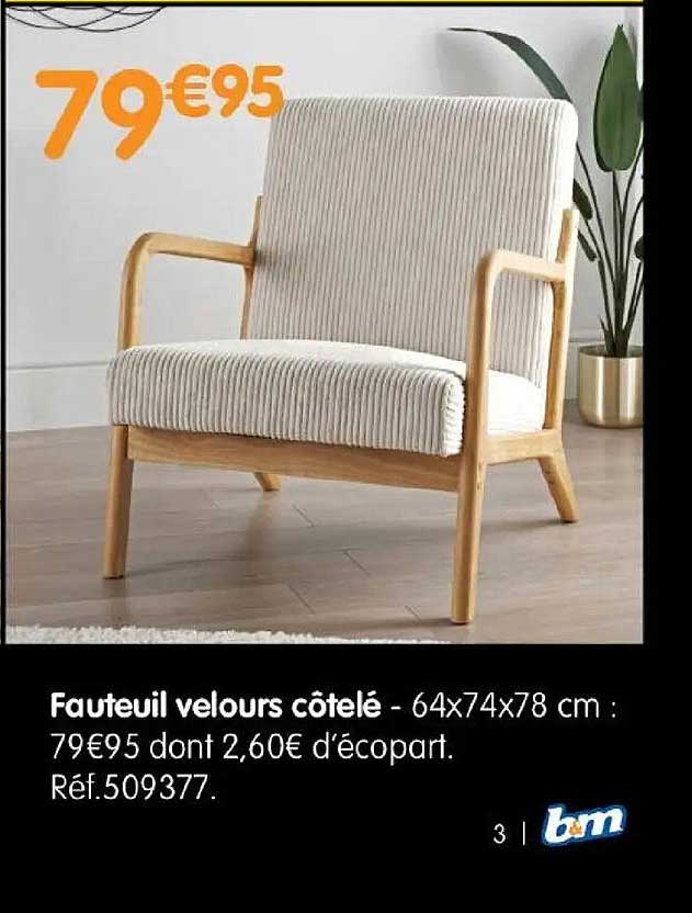 Fauteuil velours côtelé - 64x74x78 cm